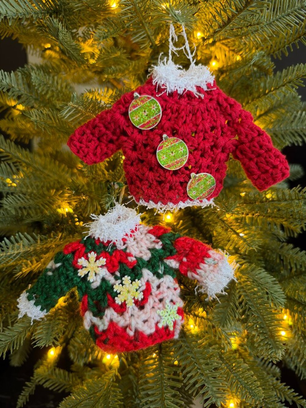 Handmade Crochet Ugly Christmas Sweaters Hanging Red Green Ornaments Set of 2